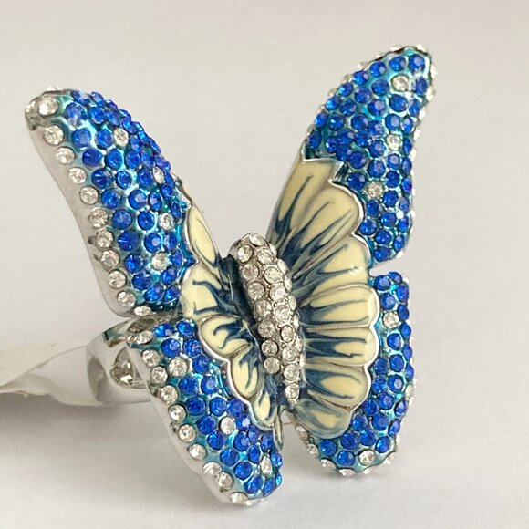 Vintage Blue Butterfly Cocktail Ring Statement Size 7 9 Crystal Rhodium Plated - Picture 3 of 13